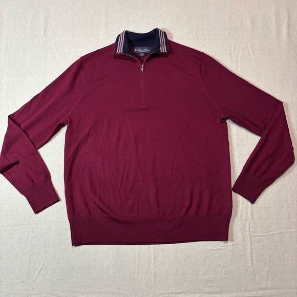 Brooks Brothers 1/4 Zip Sweater Mens Medium Burgandy 100% Merino Wool Pullover - Picture 1 of 6